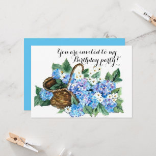 Birthday party basket with blue hydrangeas invitation