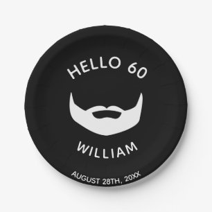 Birthday party beard black white men monogram paper plate