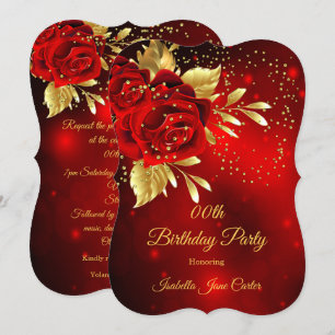 Birthday Party Beautiful Red Rose Floral Gold Invitation