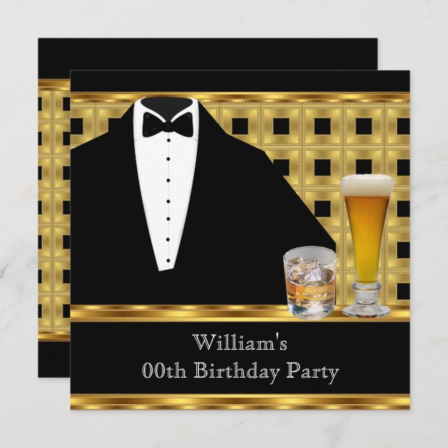 Birthday Party Beer Scotch Tuxedo Gold Black 2 Invitation (Front/Back)