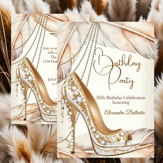 Birthday Party Beige Cream Gold Heel Stiletto Shoe Invitation (Creator Uploaded)