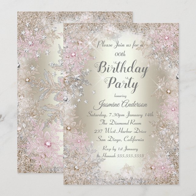 Birthday Party Beige gold Pink Winter Wonderland Invitation (Front/Back)