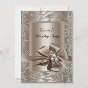 Birthday Party Beige Silver Pearl Damask 2 Invitation