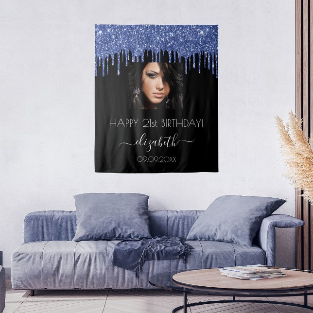 Birthday party black blue glitter drips photo tapestry (Creator Uploaded)