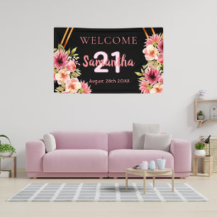 Birthday party black blush pink florals banner