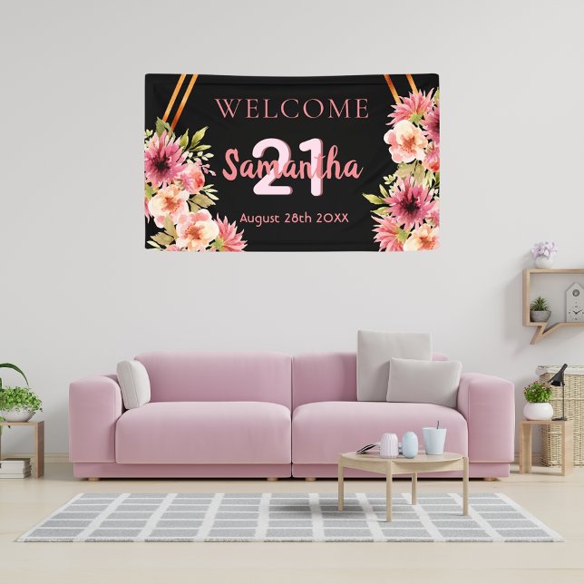 Birthday party black blush pink florals  banner (Creator Uploaded)