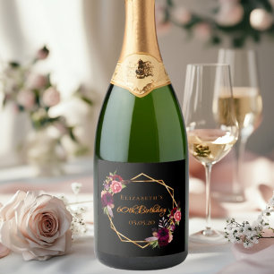 Birthday party black floral gold geomburgundy sparkling wine label