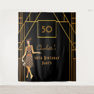 Birthday party black gold 1920's art deco retro tapestry