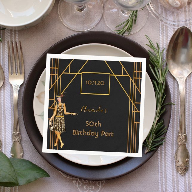 Birthday party black gold 1920's art deco style napkin (Creator Uploaded)
