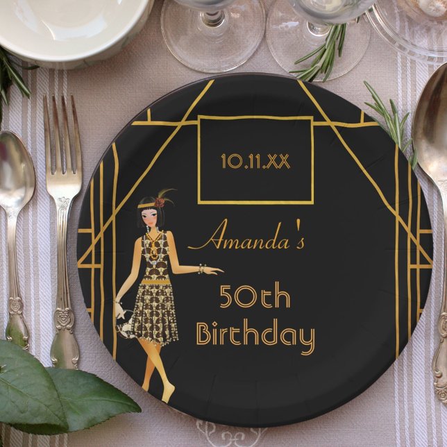 Birthday party black gold 1920's style art deco paper plate (Creator Uploaded)