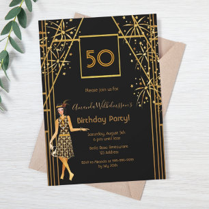 Birthday Party black gold 1920's style fireworks Invitation