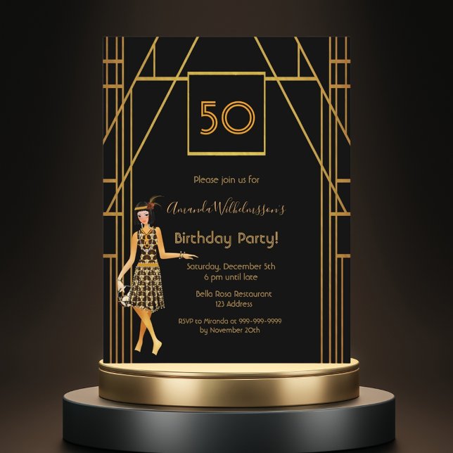 Birthday Party black gold 1920's style invitation Postcard (Creator Uploaded)