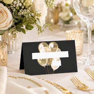 Birthday party black gold balloons name place card