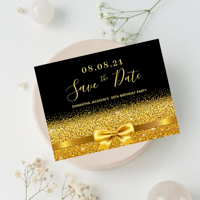 Birthday party black gold bow save the date postcard (Creator Uploaded)