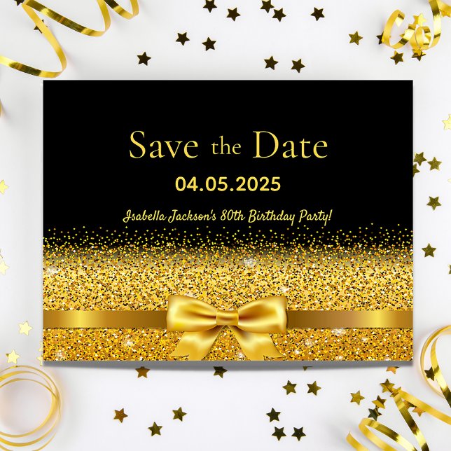 Birthday party black gold bow save the date postcard (Creator Uploaded)