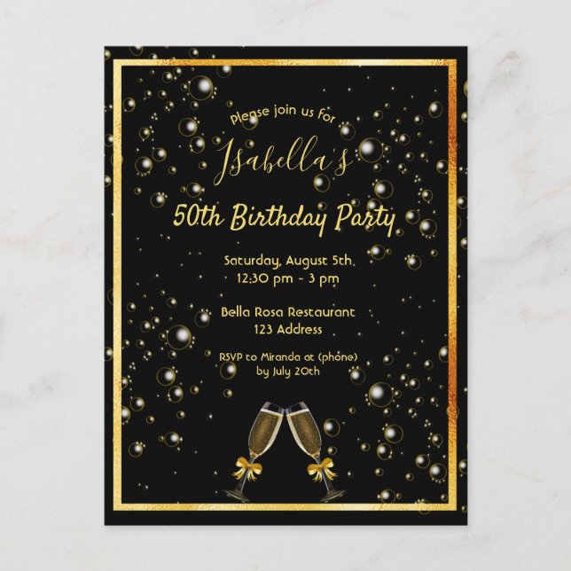 Birthday party black gold bubbles invitation postcard (Front)