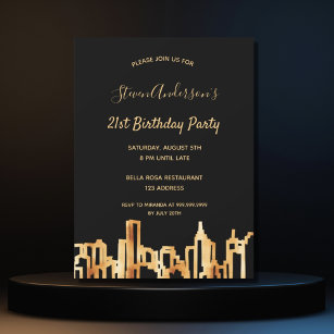 Birthday party black gold city skyline invitation