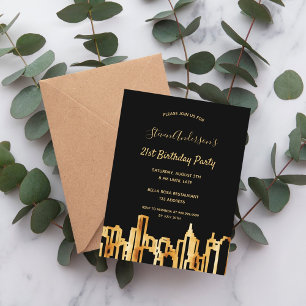 Birthday party black gold city skyline invitation postcard