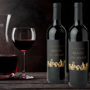 Birthday party black gold city skyline modern wine label