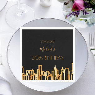 Birthday party black gold city skyline napkin