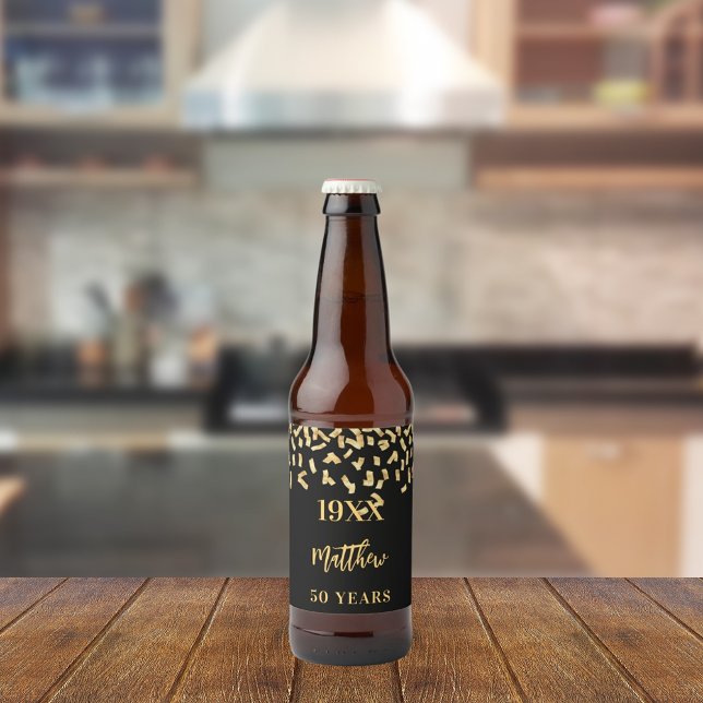 Birthday party black gold confetti name years beer bottle label (Creator Uploaded)