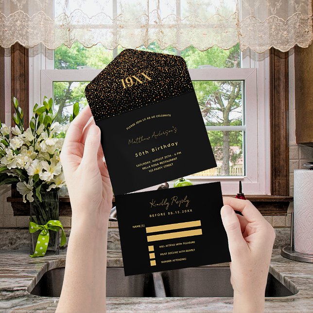 Birthday party black gold confetti RSVP All In One Invitation (Creator Uploaded)