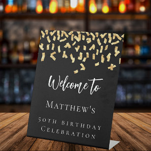 Birthday party black gold confetti welcome pedestal sign