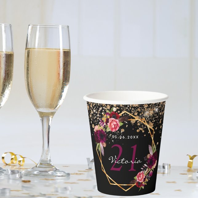 Birthday party black gold florals glitter burgundy paper cups (Creator Uploaded)