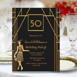 Birthday Party black gold Gatsby style invitation Postcard