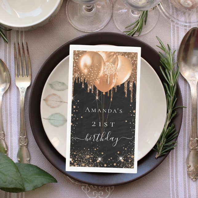 Birthday party black gold glitter balloons name napkin (Creator Uploaded)