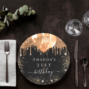 Birthday party black gold glitter balloons name paper plate