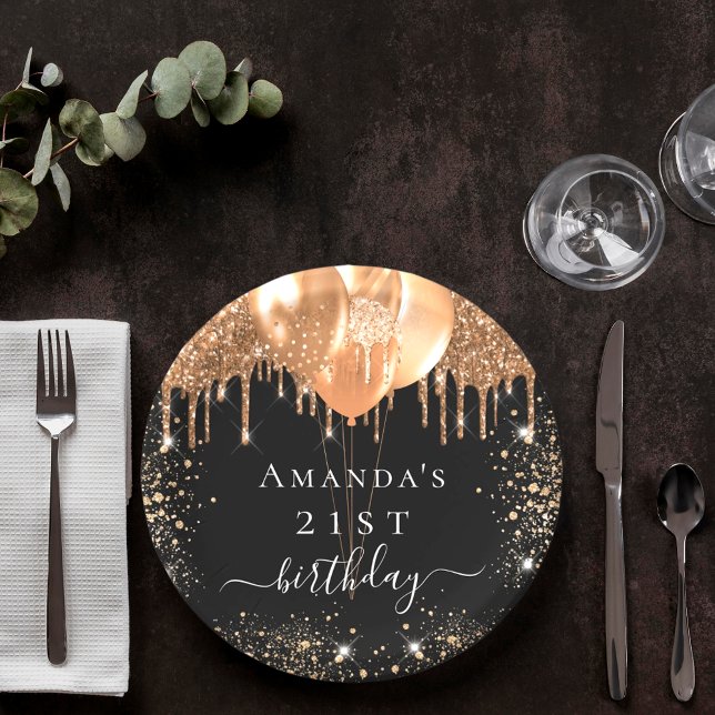 Birthday party black gold glitter balloons name paper plate (Creator Uploaded)