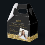 Birthday Party Black Gold Glitter Confetti Photo F Favour Box<br><div class="desc">Elegant personalised photo party favour box with yellow gold glitter border and confetti sprinkles on a black background with custom thank you text, perfect for a modern and chic birthday, bat mitzvah, Quinceañera, bridal shower, baby shower or bachelorette party. Upload your own photo and use the Design Tool Template Editor...</div>