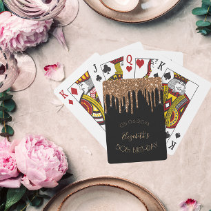 Birthday party black gold glitter drips monogram playing cards