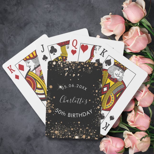 Birthday party black gold glitter dust name playing cards (Creator Uploaded)