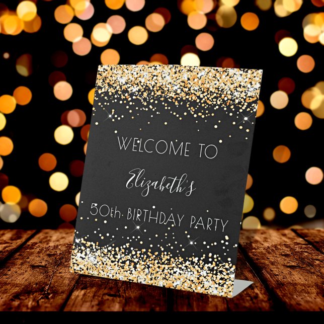 Birthday party black gold glitter dust welcome pedestal sign (Creator Uploaded)