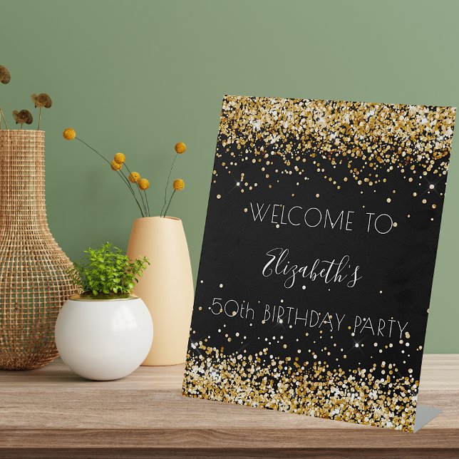 Birthday party black gold glitter dust welcome pedestal sign (Creator Uploaded)