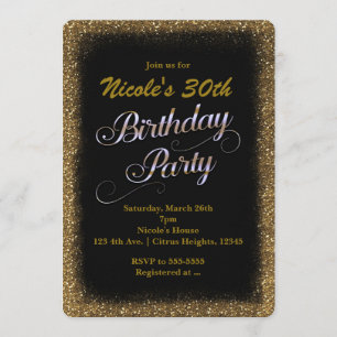Birthday Party Black & Gold Glitter Invitation