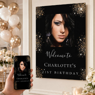 Birthday party black gold glitter photo welcome poster