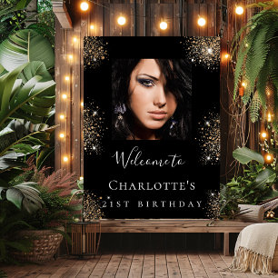 Birthday party black gold glitter photo welcome poster