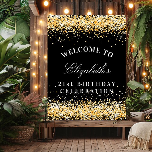 Birthday party black gold glitter sparkles welcome poster (Creator Uploaded)