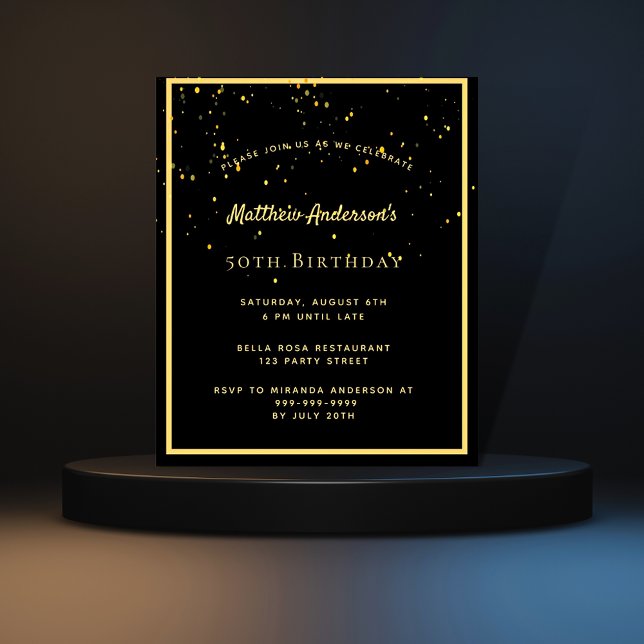 Birthday party black gold men budget invitation flyer (Creator Uploaded)