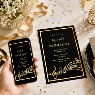 Birthday party black gold music notes invitation