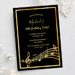 Birthday party black gold music notes invitation<br><div class="desc">A trendy,  modern 50th or any age birthday party invitation card for both men and women.  A classic black background,  with faux gold  frame and music notes,  golden coloured letters. Templates for your party information.  Back: Black colour faux gold music notes.</div>