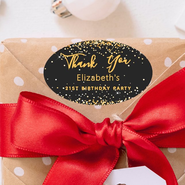 Birthday Party black gold name Thank You Oval Sticker (Creator Uploaded)