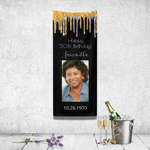Birthday party black gold photo glitter silver banner