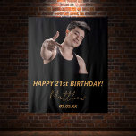 Birthday party black gold photo  tapestry<br><div class="desc">A tapestry for a 21st (or any age) birthday party for guys. An elegant modern black background. Personalise and add your own high quality photo of the birthday boy/man. The text: The name in golden with a modern hand lettered style script. Tempates for a name, age 21 and a date....</div>