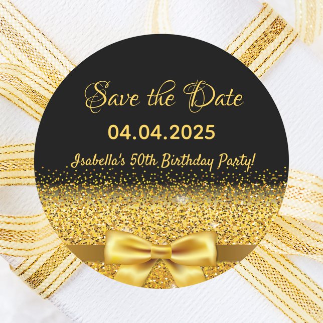 Birthday party black gold save the date classic round sticker (Creator Uploaded)