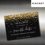 Birthday party black gold save the date magnet<br><div class="desc">A girly and trendy Save the Date magnetic card for a 30th (or any age) birthday party. A classic black background decorated with faux gold glitter and balloons. Personalise and add a date and name/age.  The text: Save the Date is written with a large trendy hand lettered style script.</div>