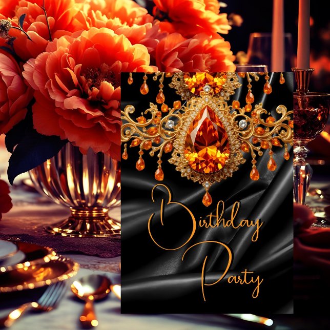 Birthday Party Black Gold Silk Orange jewel Invitation (Creator Uploaded)